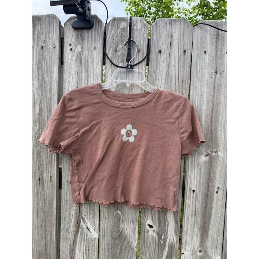 PS / LA Brown Smiley Face Daisy Lettuce Edge Crop Top Tee Womens Large